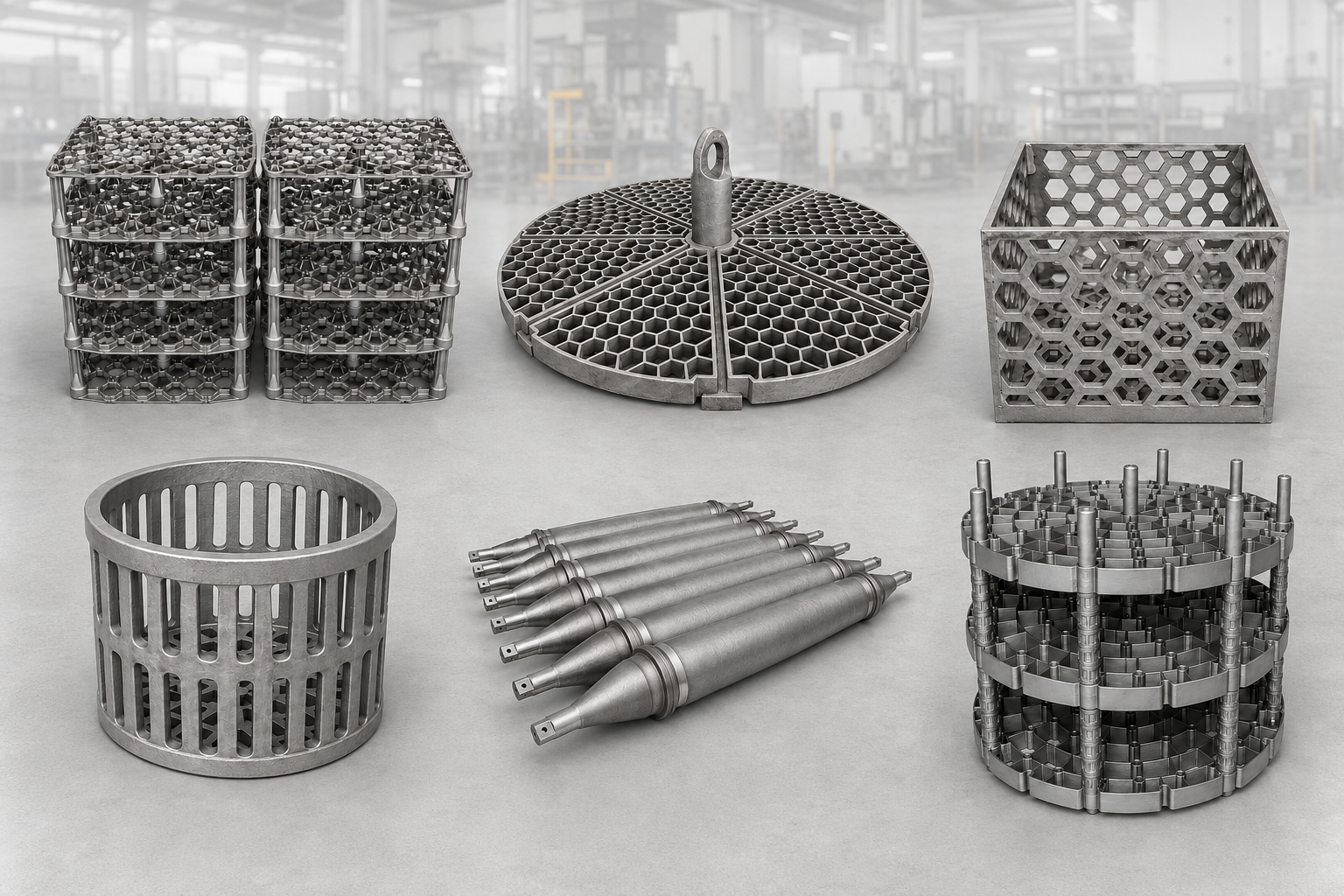 Heat treatment furnace baskets trays fixtures and rolls